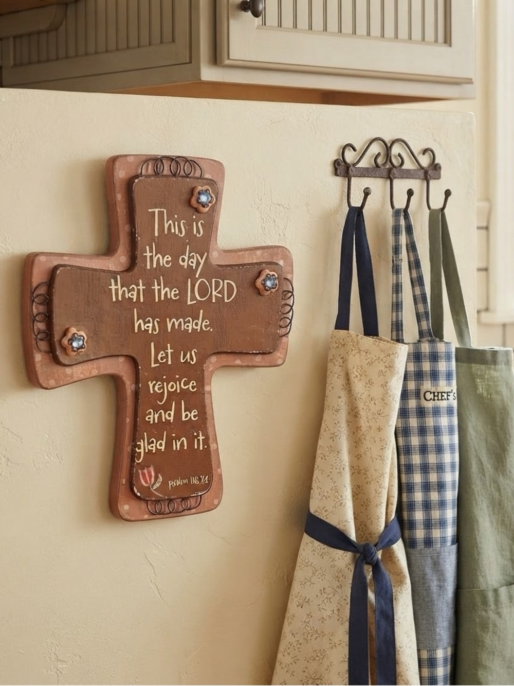 Rustic, wooden metal Brown Religious Wall Cross Decor with palm saying 118:24